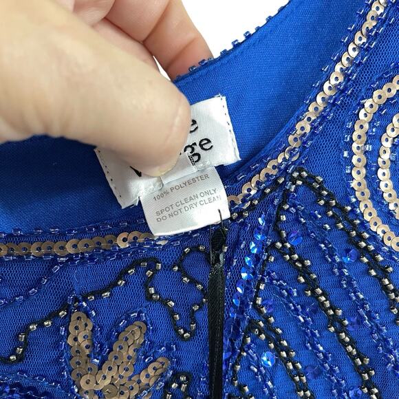 Unique Vintage Royal Blue Flapper Mini Dress S Beaded Sequin Fringe NWT - Picture 7 of 10